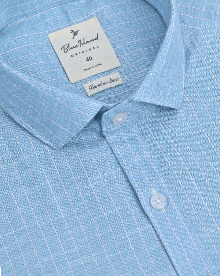 Turquoise Blue & Navy Dotted Line Stripes -Full-Bamboo Linen