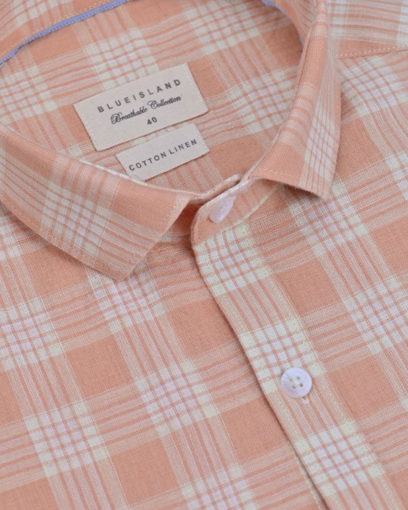 Peach Orange Multi Line Checks -Full-Cotton Linen Shirt