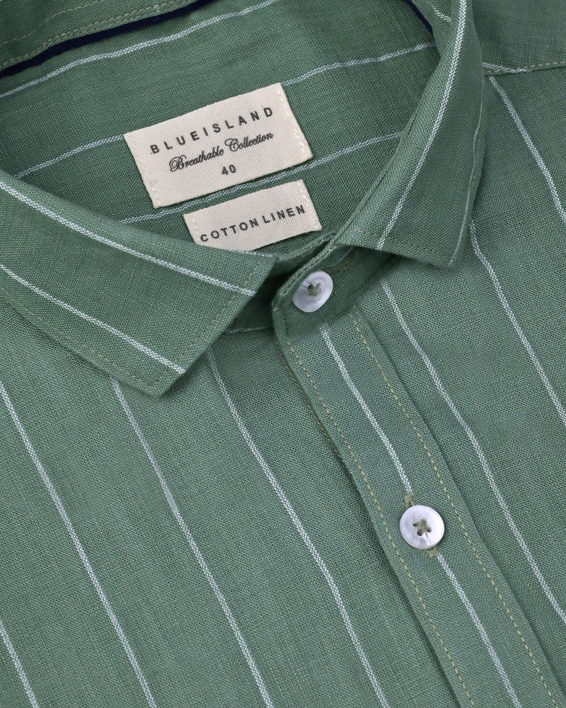 Dusty Green Broad Stripes-Full-Cotton Linen Shirt
