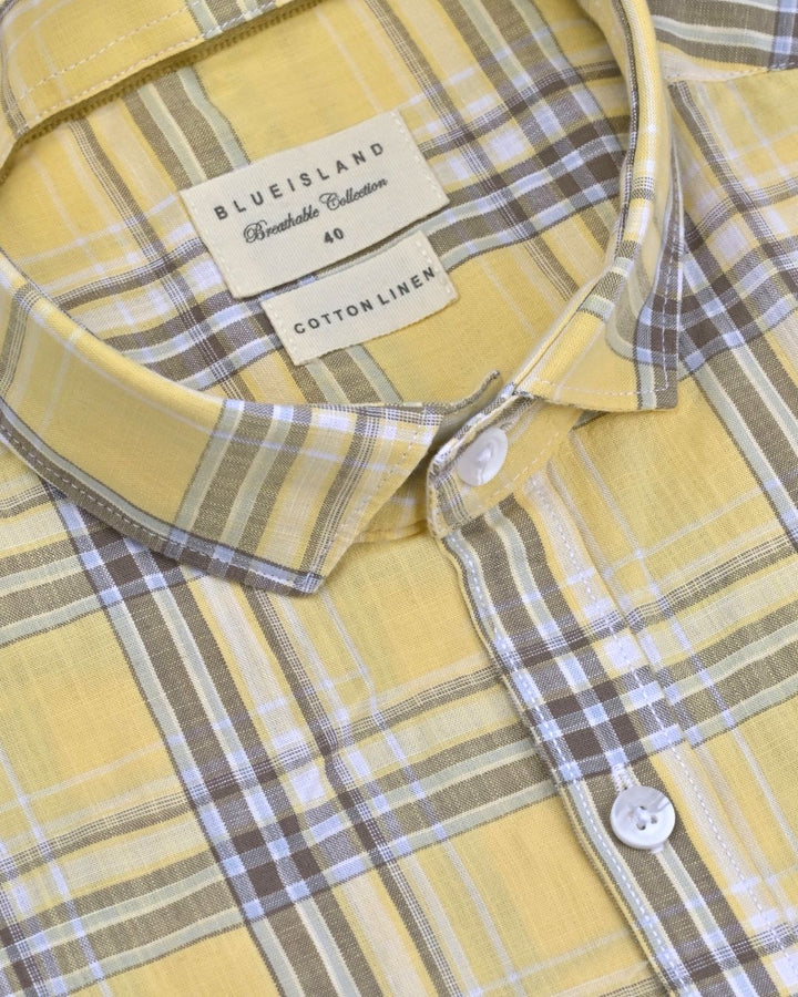 Yellow & Brown Multi Line Checks -Full-Cotton Linen Shirt