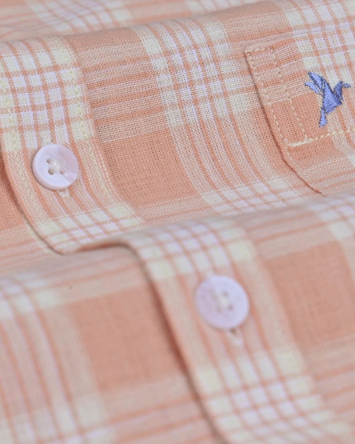 Peach Orange Multi Line Checks -Full-Cotton Linen Shirt