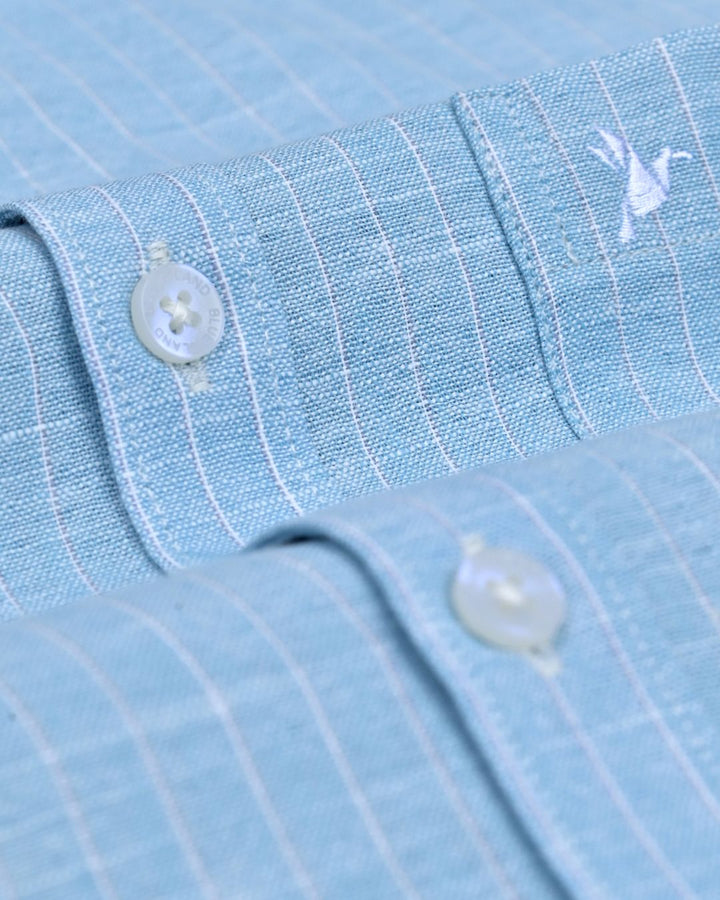 Turquoise Blue & Navy Dotted Line Stripes -Full-Bamboo Linen