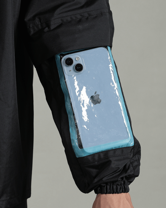 Matte Black with Red Border - Rain Jacket with Pant & Mobile Pouch