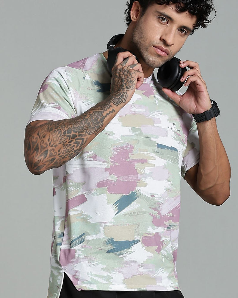 Pistah Green & Pink Splash - Active wear Round neck Tshirt