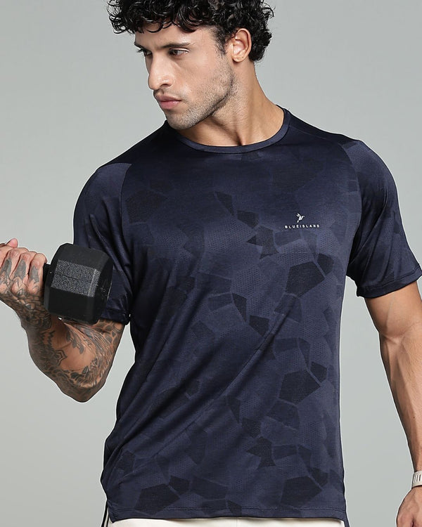 Navy Blue Dotted - Active wear Round neck Tshirt