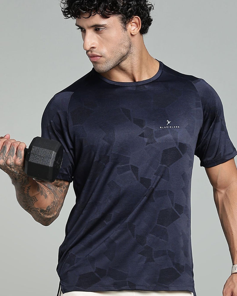 Navy Blue Dotted - Active wear Round neck Tshirt