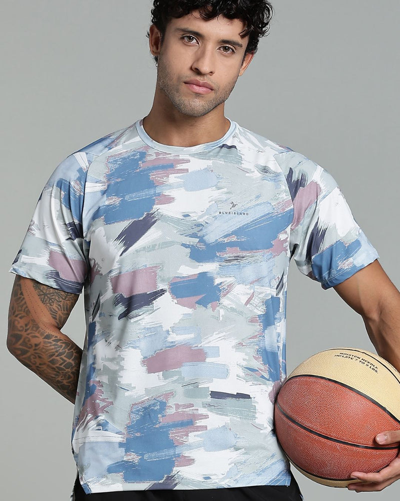 Bluish Grey & Green Splash - Active wear Round neck Tshirt