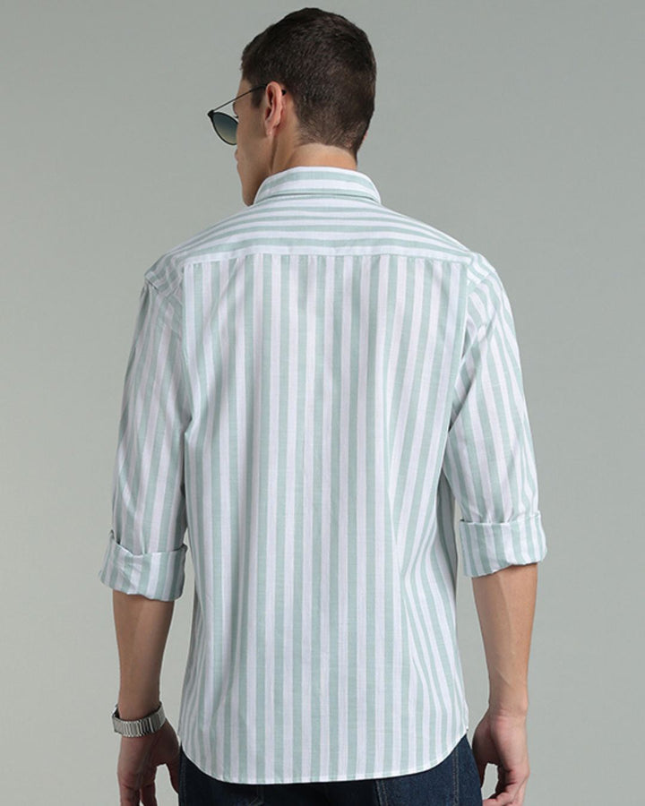 White & Green Bold Stripes -Full-Cotton Linen Shirt