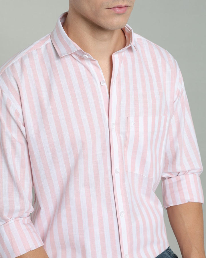 White & Pink Bold Stripes -Full-Cotton Linen Shirt