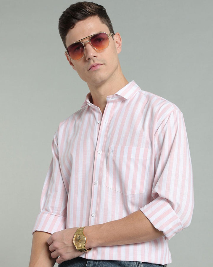 White & Pink Bold Stripes -Full-Cotton Linen Shirt