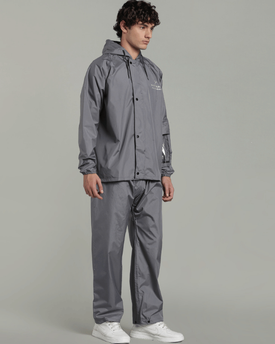 Silver Grey with Black Border - Rain Jacket with Pant & Mobile Pouch