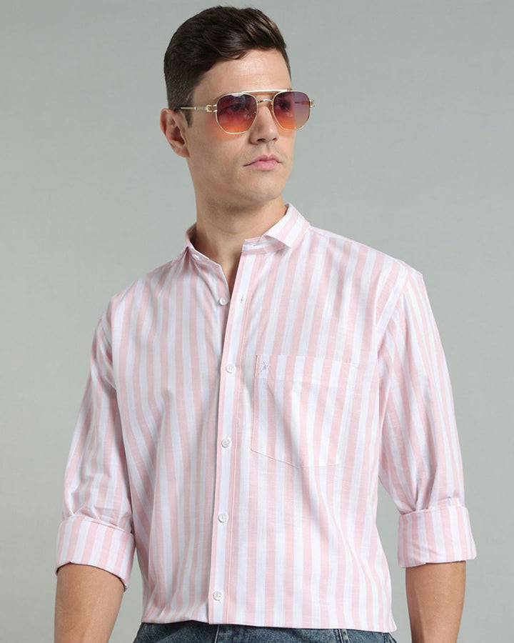 White & Pink Bold Stripes -Full-Cotton Linen Shirt