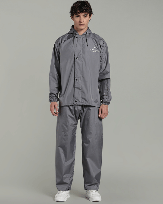 Silver Grey with Black Border - Rain Jacket with Pant & Mobile Pouch