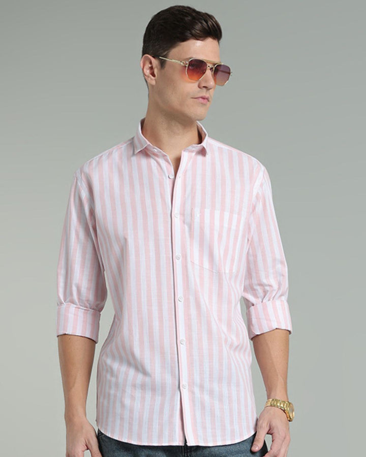 White & Pink Bold Stripes -Full-Cotton Linen Shirt