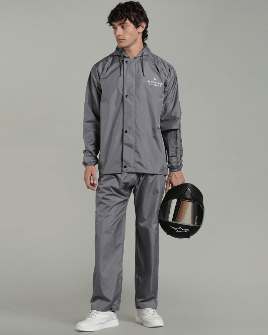 Silver Grey with Black Border - Rain Jacket with Pant & Mobile Pouch