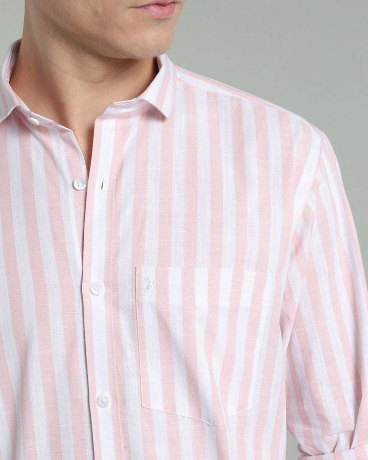 White & Pink Bold Stripes -Full-Cotton Linen Shirt