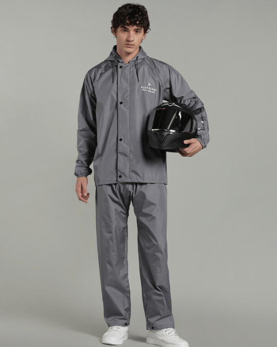 Silver Grey with Black Border - Rain Jacket with Pant & Mobile Pouch