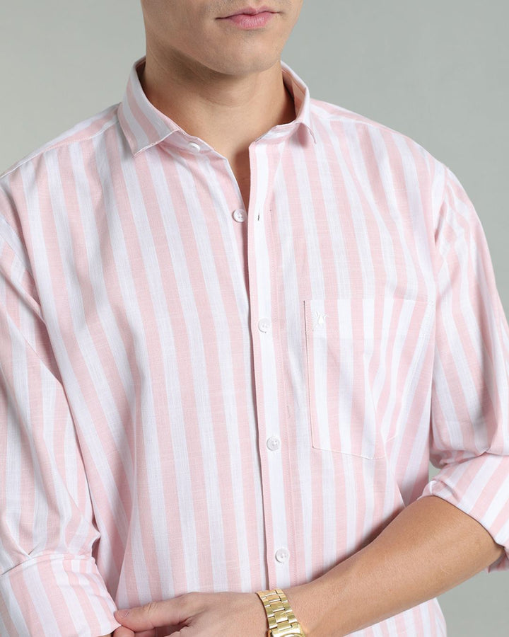 White & Pink Bold Stripes -Full-Cotton Linen Shirt