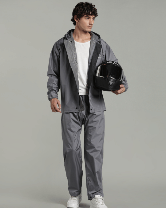 Silver Grey with Black Border - Rain Jacket with Pant & Mobile Pouch