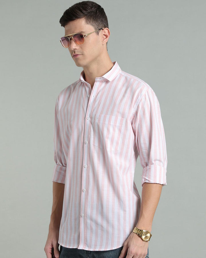 White & Pink Bold Stripes -Full-Cotton Linen Shirt
