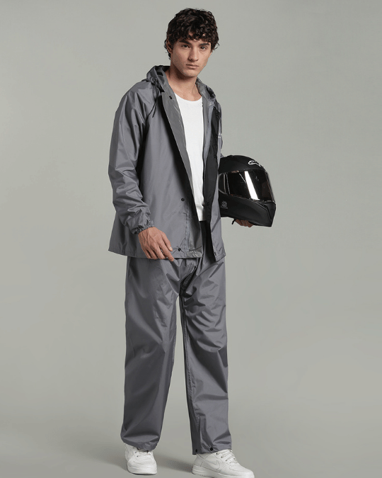 Silver Grey with Black Border - Rain Jacket with Pant & Mobile Pouch