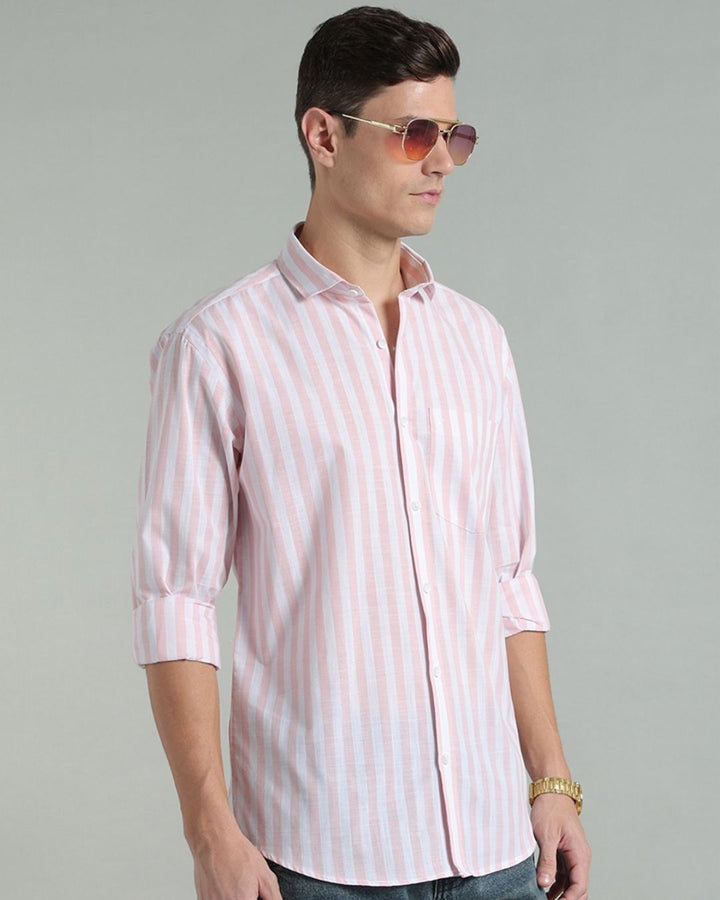White & Pink Bold Stripes -Full-Cotton Linen Shirt
