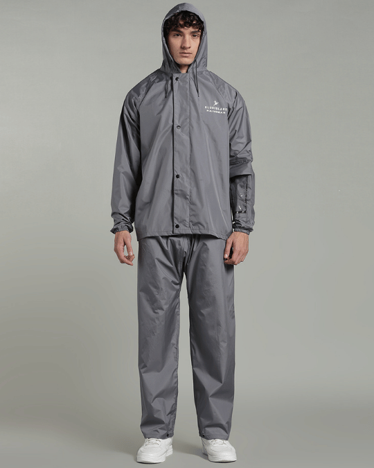 Silver Grey with Black Border - Rain Jacket with Pant & Mobile Pouch