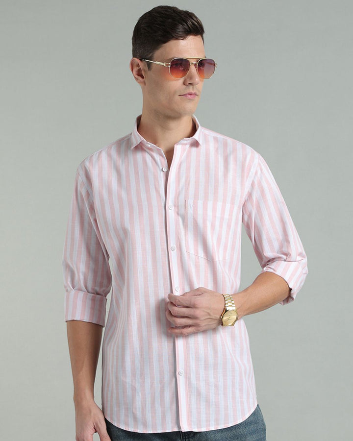 White & Pink Bold Stripes -Full-Cotton Linen Shirt