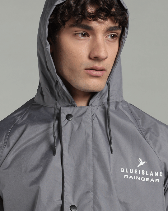 Silver Grey with Black Border - Rain Jacket with Pant & Mobile Pouch
