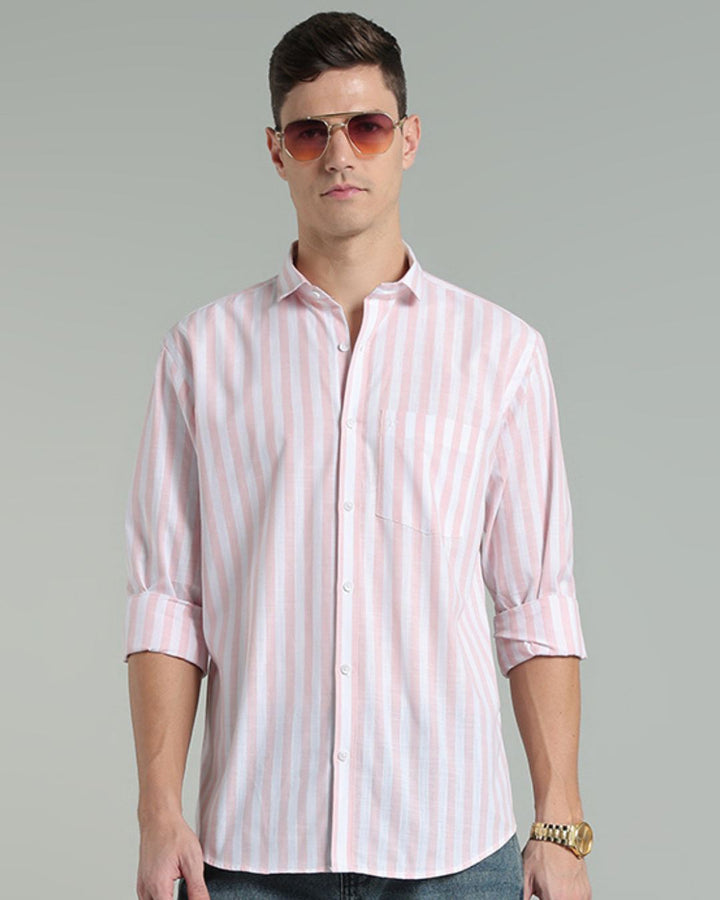 White & Pink Bold Stripes -Full-Cotton Linen Shirt