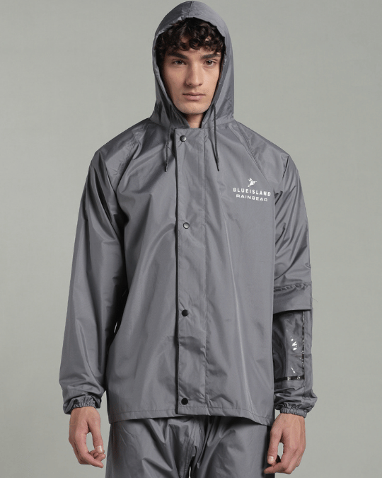 Silver Grey with Black Border - Rain Jacket with Pant & Mobile Pouch