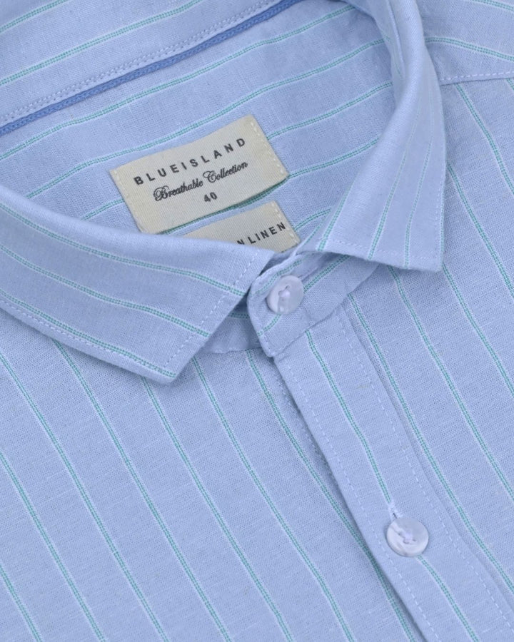 Lite Grey & Green Dotted Line Stripes -Full-Cotton Linen Shirt