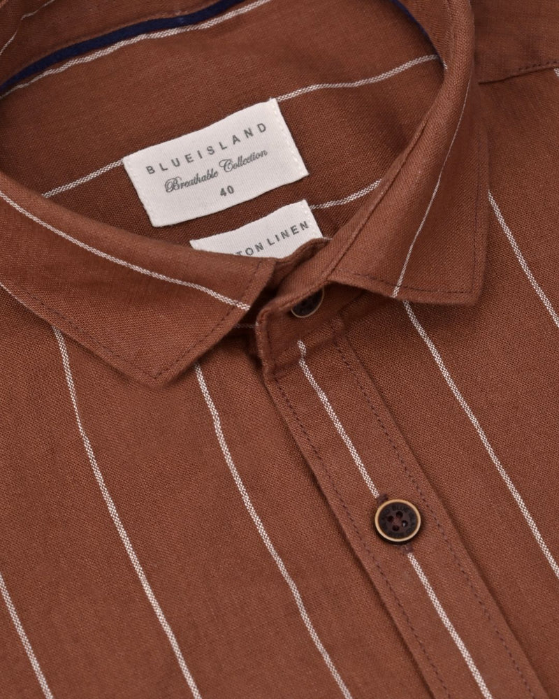 Teak Brown Broad Stripes-Full-Cotton Linen Shirt
