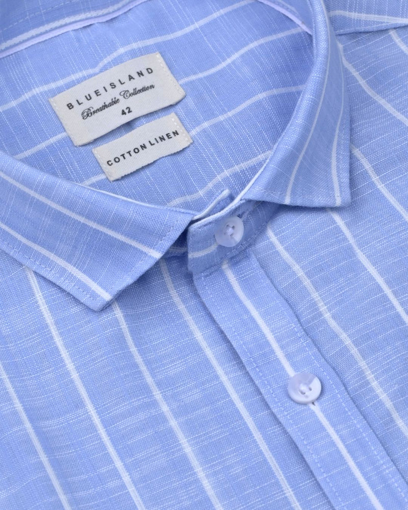 Sky Blue & White Line Stripes -Full-Cotton Linen Shirt