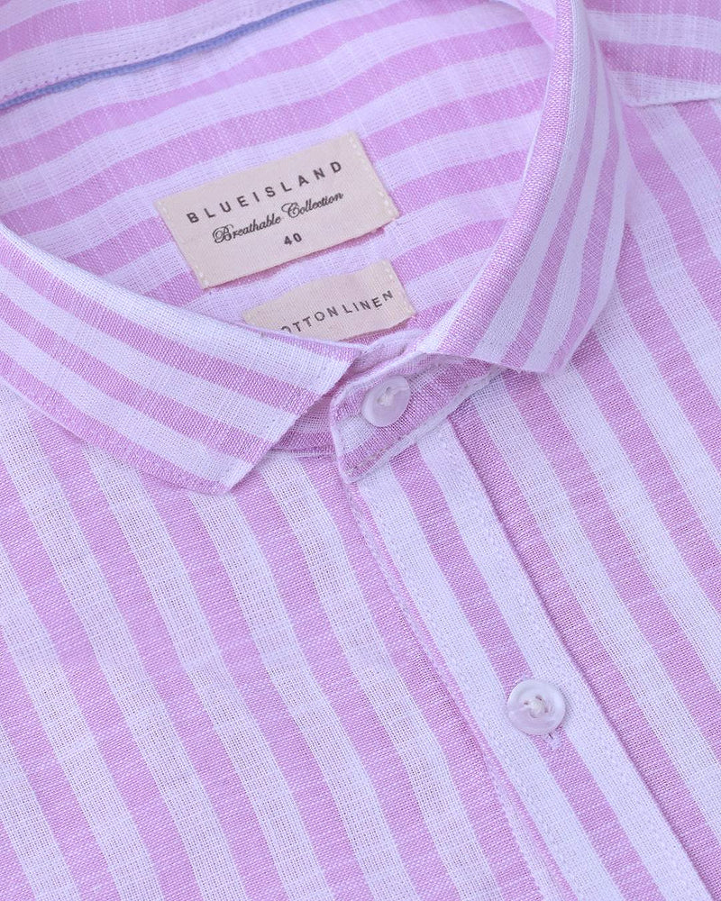 Pink & White Bars -Full-Cotton Linen Shirt