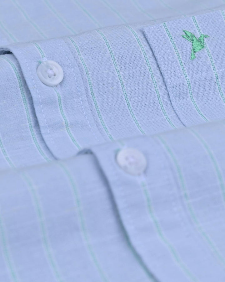 Lite Grey & Green Dotted Line Stripes -Full-Cotton Linen Shirt