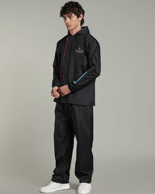 Matte Black with Red Border - Rain Jacket with Pant & Mobile Pouch