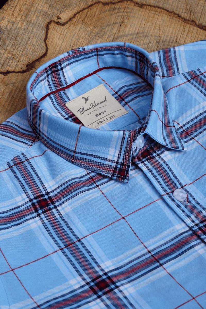 KIDS - Ice Blue & Red Checks-Stain Proof Shirt