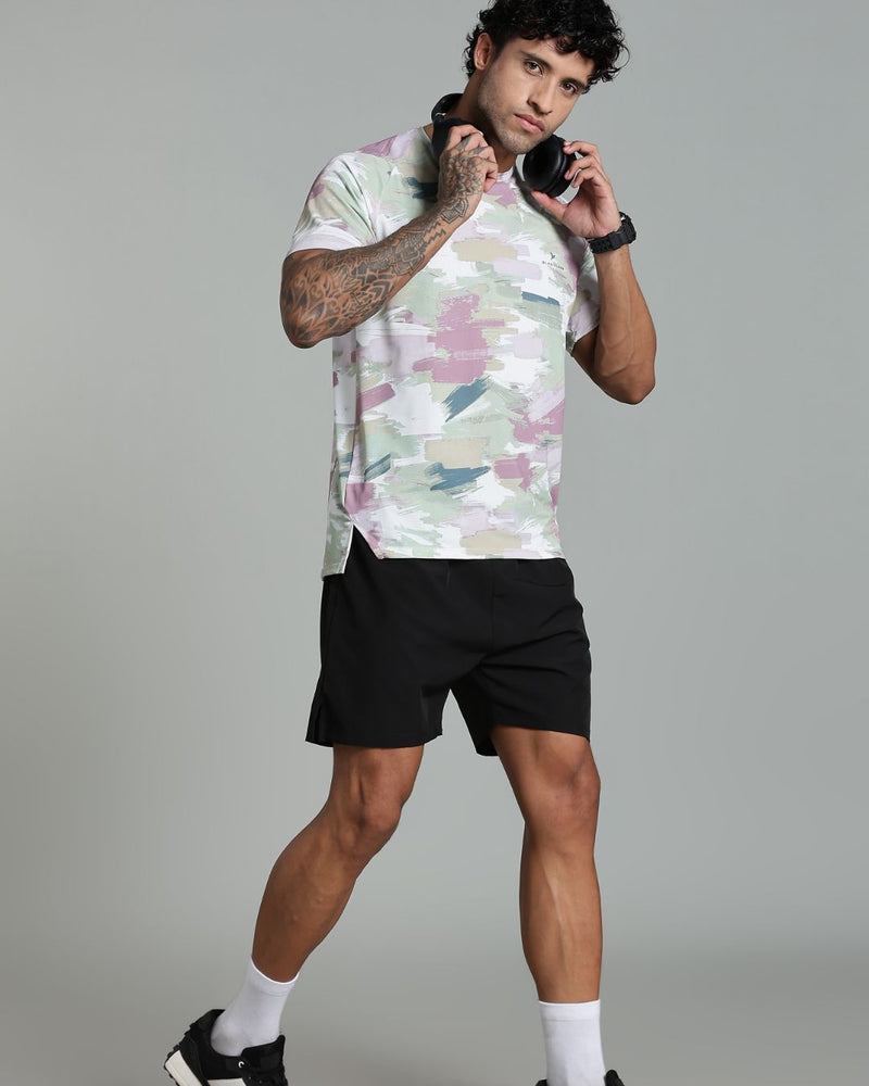Pistah Green & Pink Splash - Active wear Round neck Tshirt