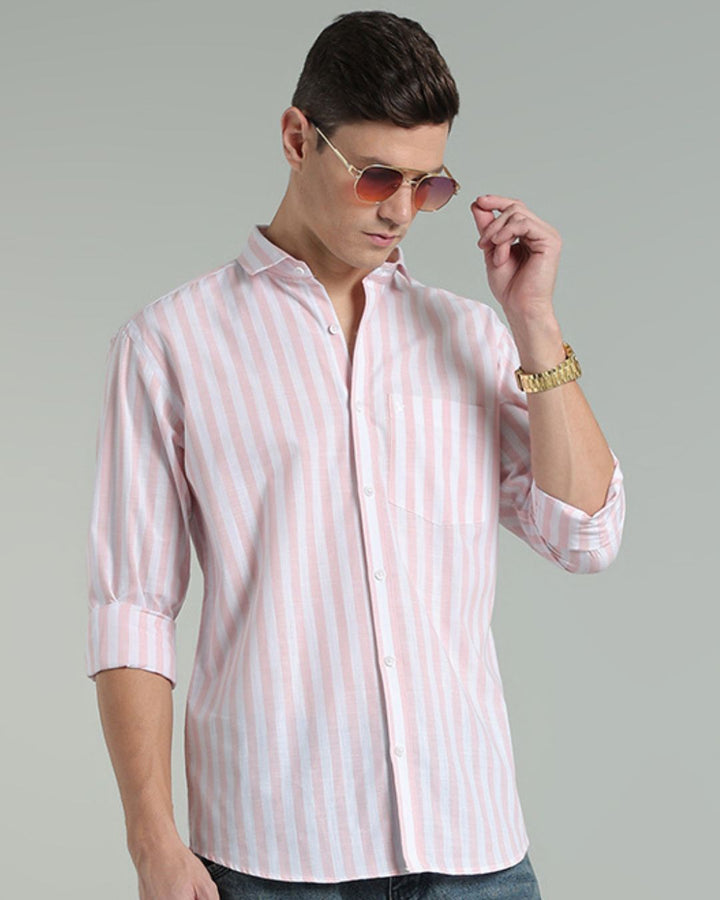 White & Pink Bold Stripes -Full-Cotton Linen Shirt