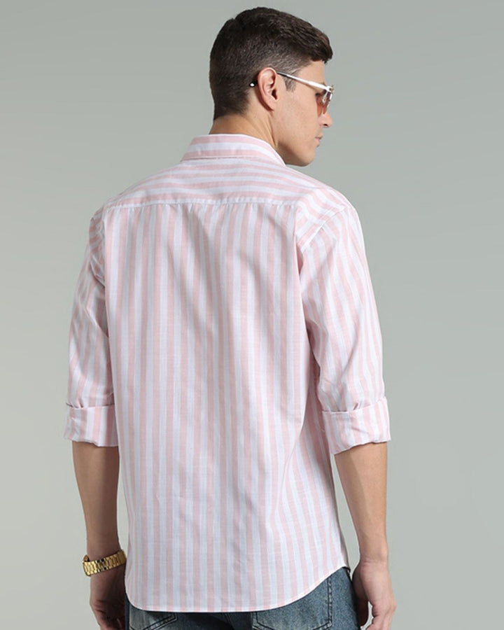 White & Pink Bold Stripes -Full-Cotton Linen Shirt