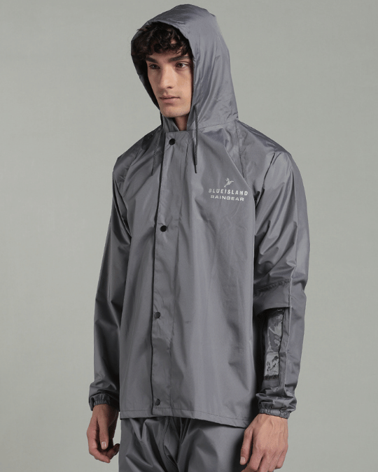 Silver Grey with Black Border - Rain Jacket with Pant & Mobile Pouch