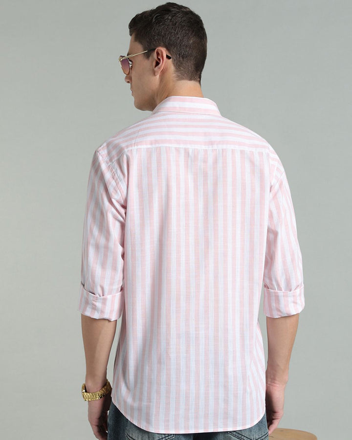 White & Pink Bold Stripes -Full-Cotton Linen Shirt