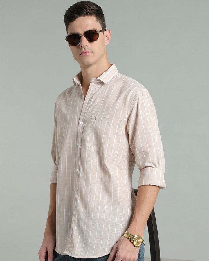 Sandal & White Line Stripes -Full-Cotton Linen Shirt