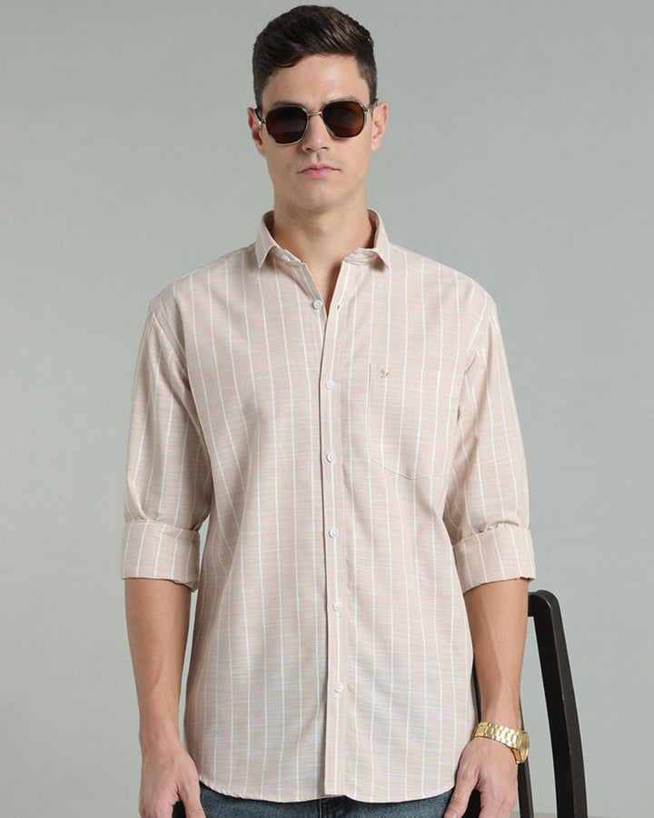Sandal & White Line Stripes -Full-Cotton Linen Shirt