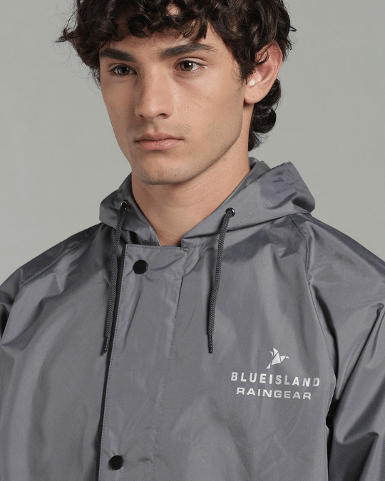 Silver Grey with Black Border - Rain Jacket with Pant & Mobile Pouch