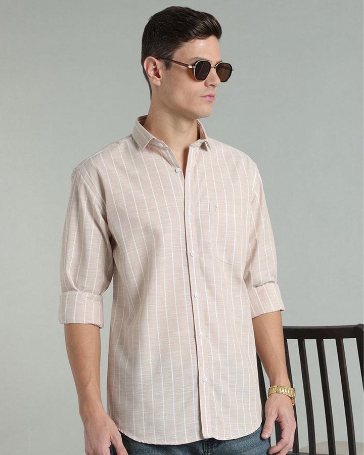 Sandal & White Line Stripes -Full-Cotton Linen Shirt