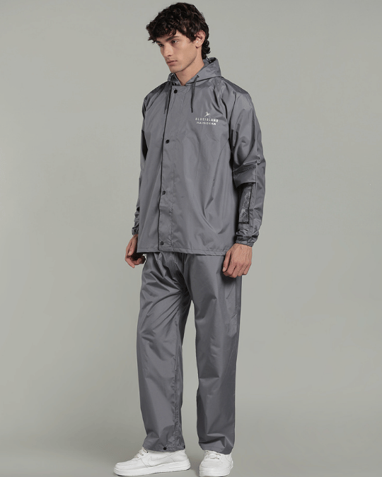 Silver Grey with Black Border - Rain Jacket with Pant & Mobile Pouch