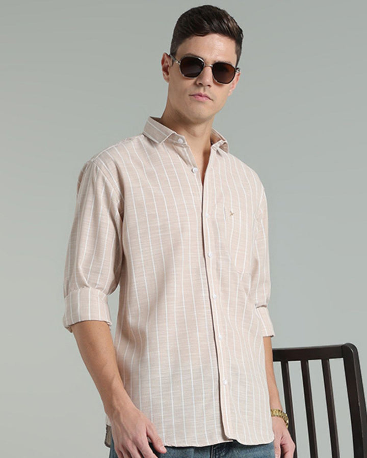 Sandal & White Line Stripes -Full-Cotton Linen Shirt