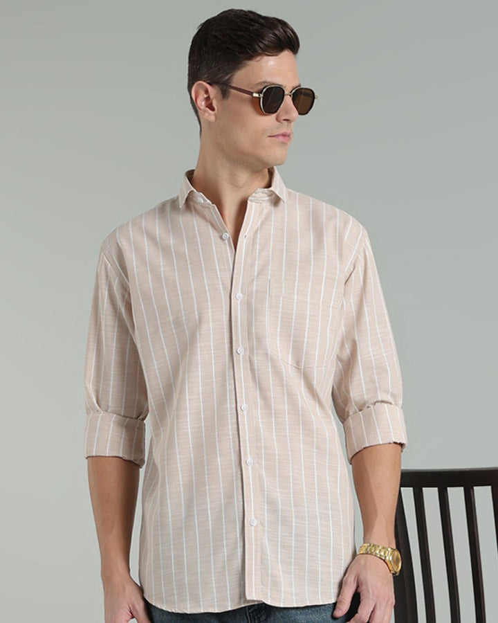 Sandal & White Line Stripes -Full-Cotton Linen Shirt
